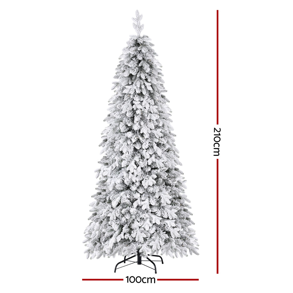 Jingle Jollys Christmas Tree 2.1m Flocking Pencil Tree LED Xmas 860 Tips White-1