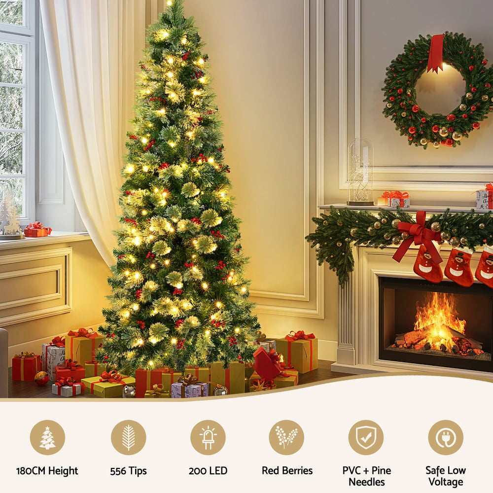 Jingle Jollys Christmas Tree 1.8M LED Xmas Tree Party Decorations Red Barries-3