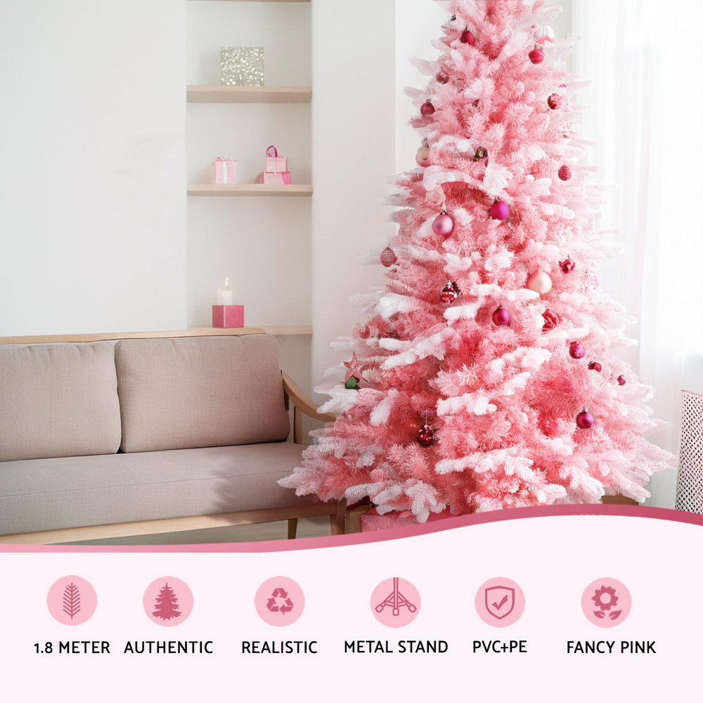 Jingle Jollys Christmas Tree 1.8m Pink Xmas Tree Snowy Party Decor 810 Tips-3