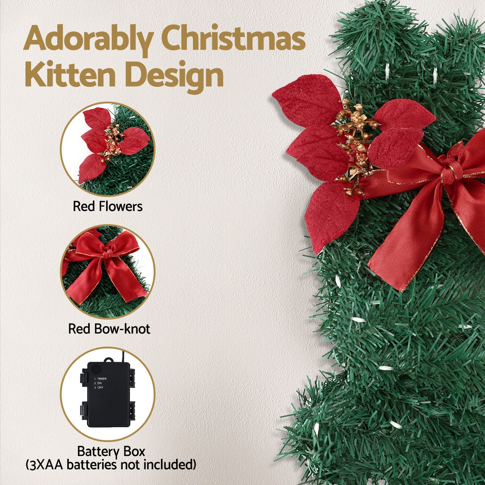 Jingle Jollys Cat Christmas Wreath Pre-lit 20 LED Xmas Decor Bow Flower 35x30cm-3