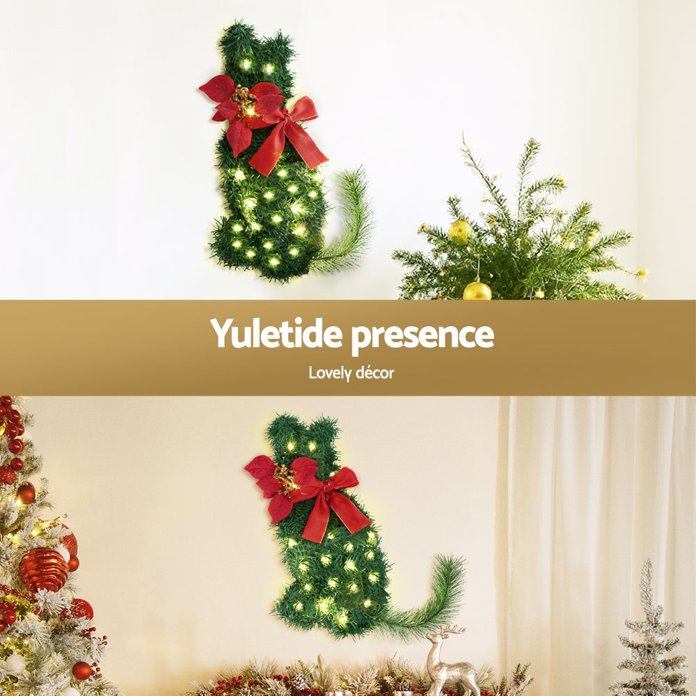 Jingle Jollys Cat Christmas Wreath Pre-lit 20 LED Xmas Decor Bow Flower 35x30cm-4