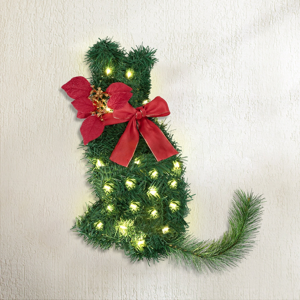 Jingle Jollys Cat Christmas Wreath Pre-lit 20 LED Xmas Decor Bow Flower 35x30cm-6