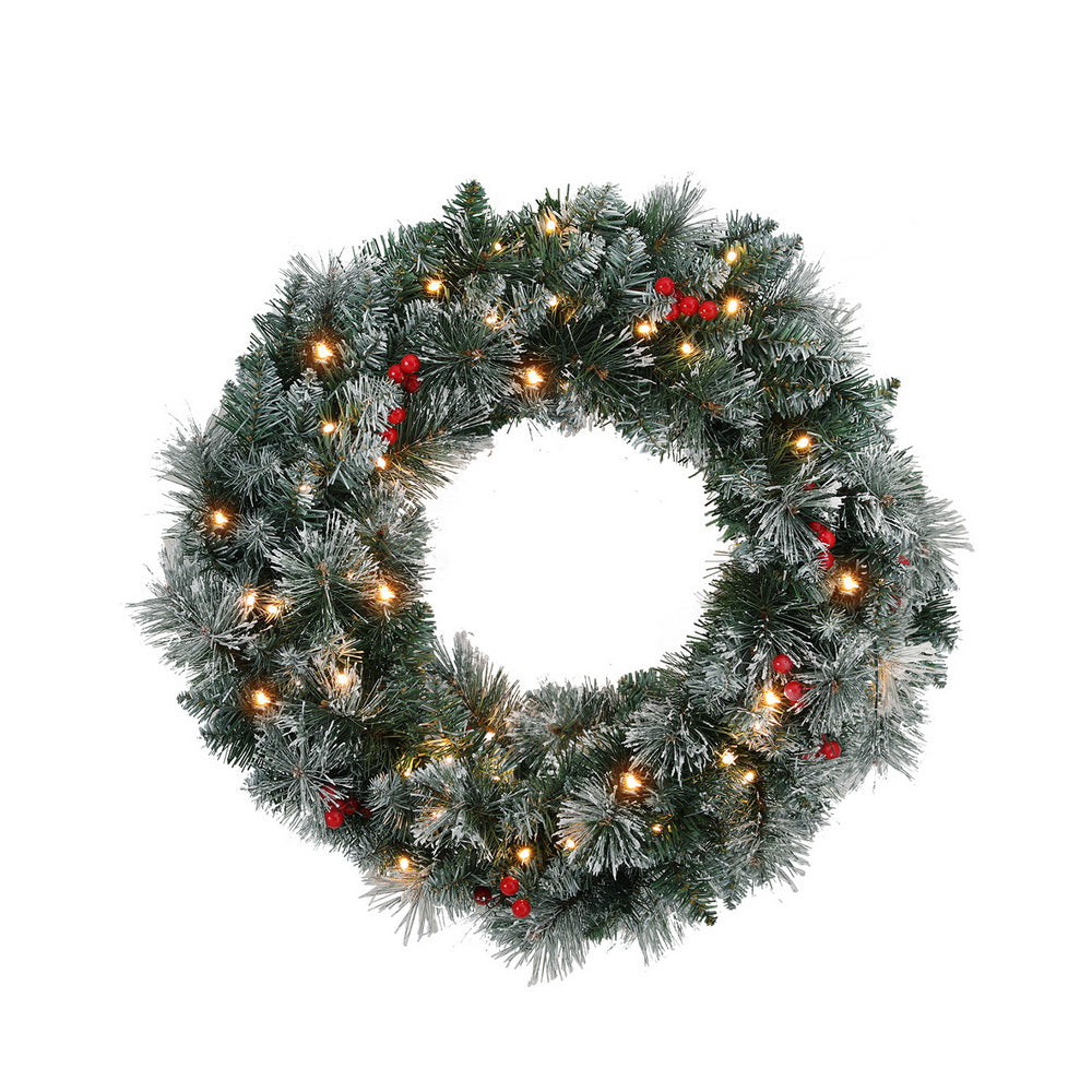 Jingle Jollys 60cm Christmas Wreath LED Lights Snowy Berries Garland Party Decor-0