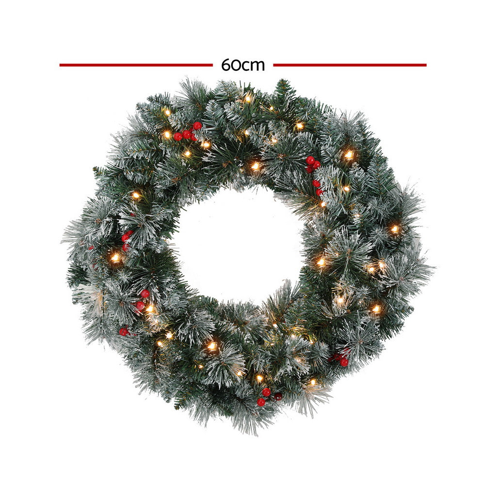 Jingle Jollys 60cm Christmas Wreath LED Lights Snowy Berries Garland Party Decor-1