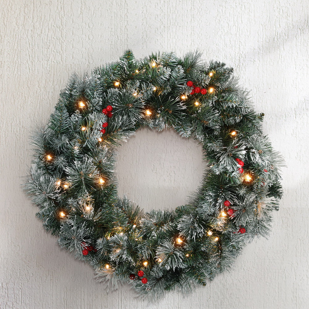 Jingle Jollys 60cm Christmas Wreath LED Lights Snowy Berries Garland Party Decor-6