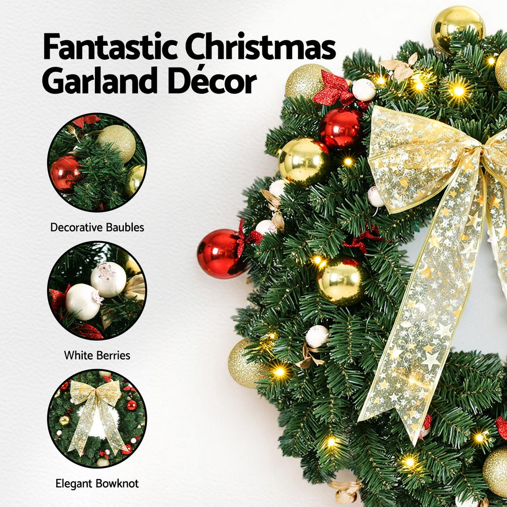 Jingle Jollys Christmas Wreath 60CM LED Garland Berries Bow Baubles Xmas Decor-3