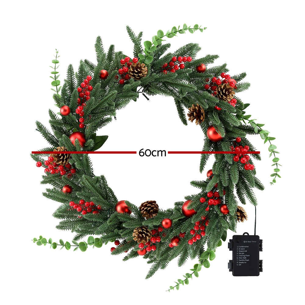 Jingle Jollys Christmas Wreath 60CM LED Garland Berries Pine Cones Party Decor-1