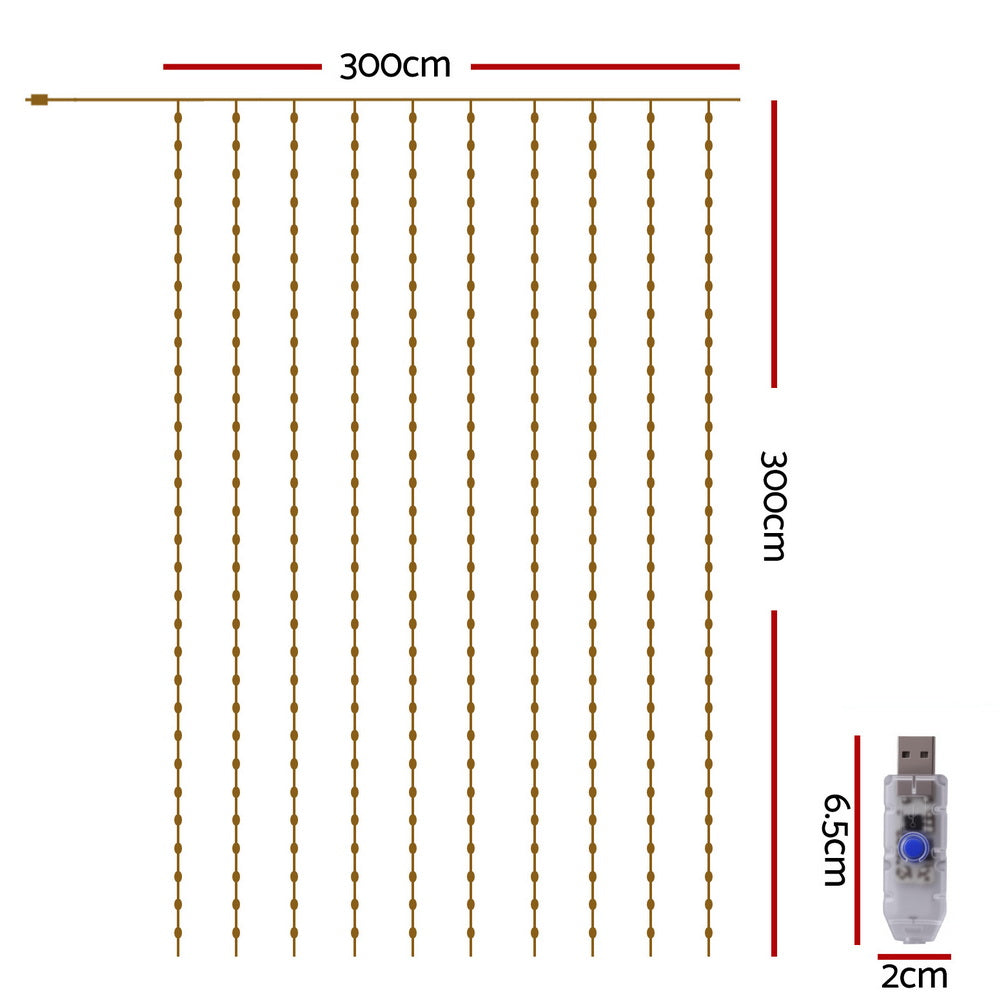 Jingle Jollys 3X3M Christmas Lights Curtain String Light 300 LED Warm White-1