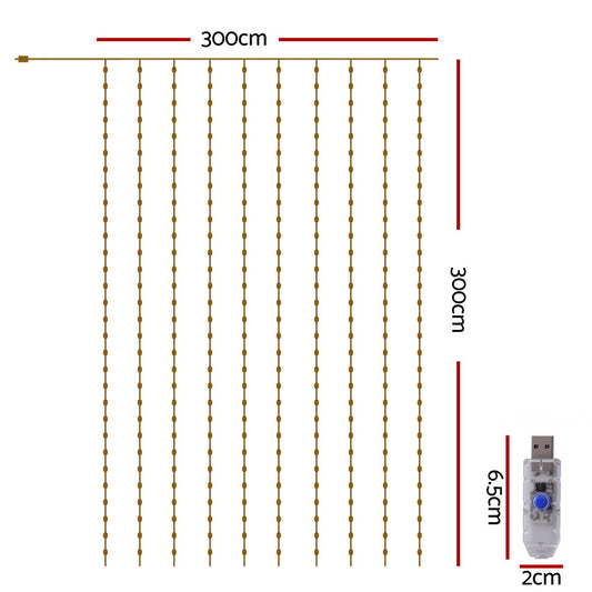 Jingle Jollys 3X3M Christmas Lights Curtain String Light 300 LED Warm White-1