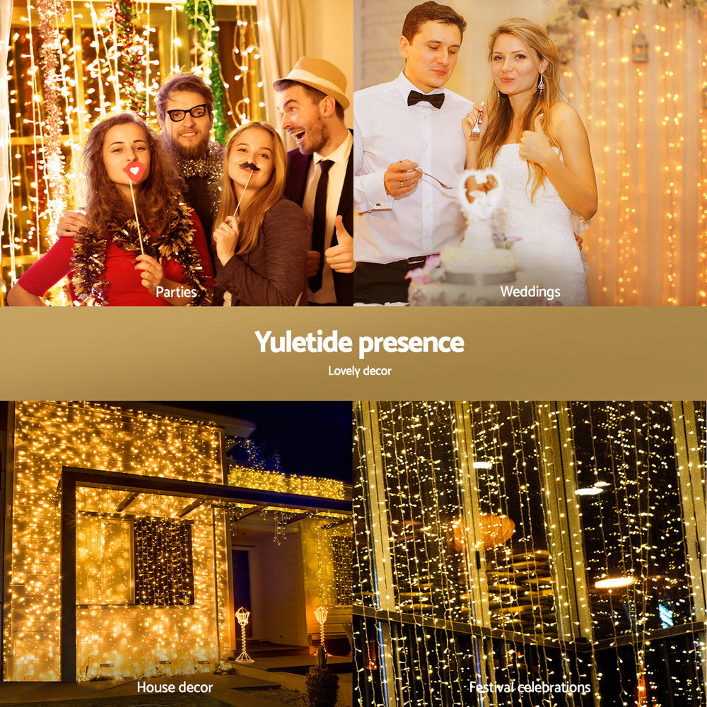 Jingle Jollys 3X3M Christmas Lights Curtain String Light 300 LED Warm White-4