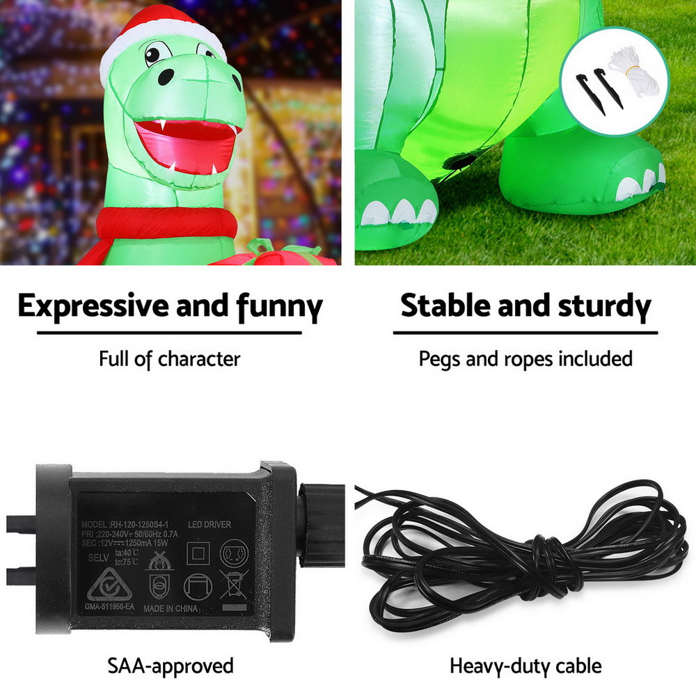 Jingle Jollys Christmas Inflatable Dinosaur 1.8M Height LED Decorations Illuminated-5
