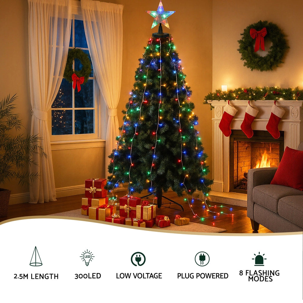 Jingle Jollys 2.5M Christmas Lights Waterfall String Light 300 LED Star Topper-3