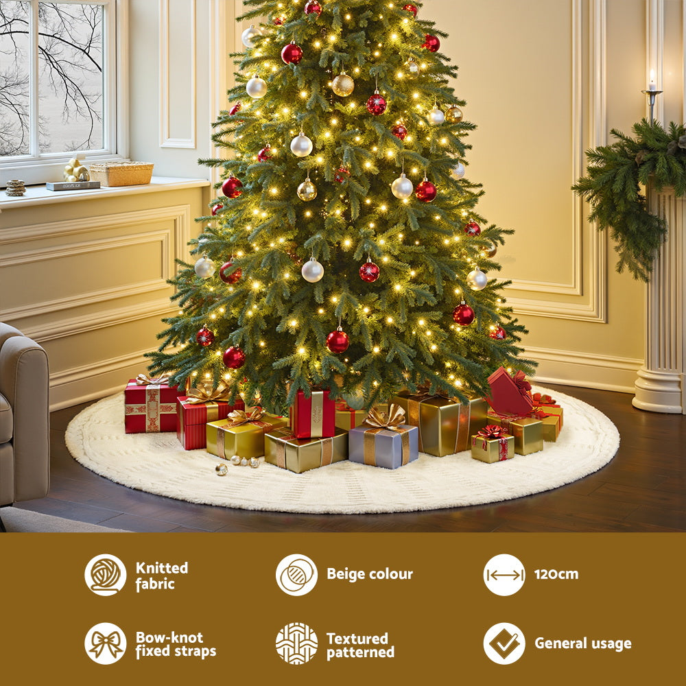 Jingle Jollys Christmas Tree Skirt 120cm Knitted Xmas Tree Ornaments Decor Beige-3