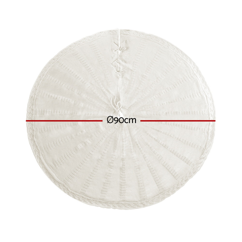 Jingle Jollys Christmas Tree Skirt 90cm Knitted Fabric Xmas Ornament Decor Beige-1