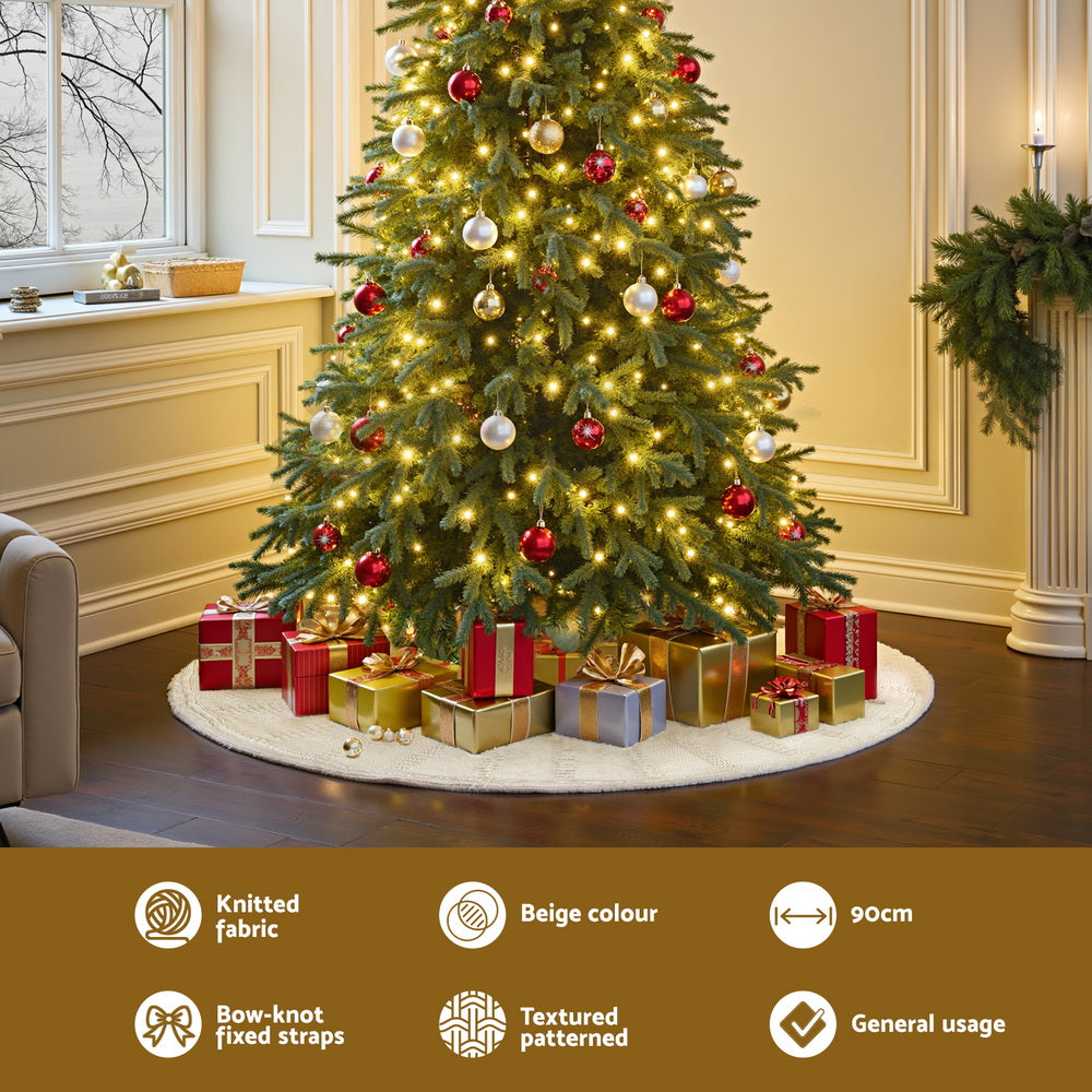 Jingle Jollys Christmas Tree Skirt 90cm Knitted Fabric Xmas Ornament Decor Beige-3
